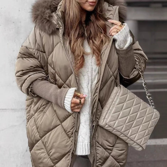Camel quilted winter parka with a removable faux fur trimmed hood and full length zip