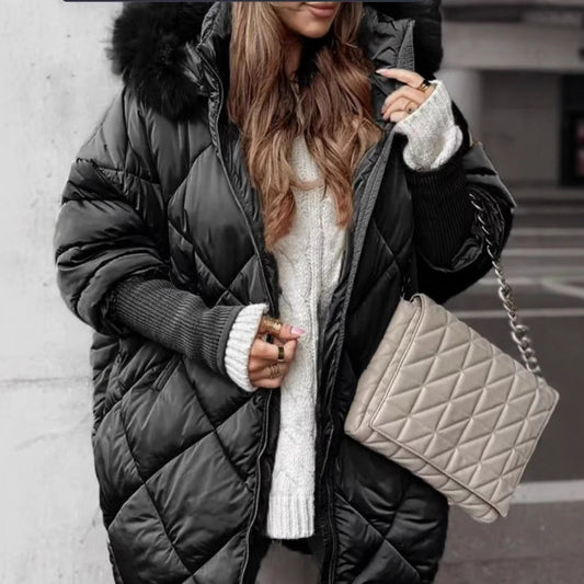 Camel quilted winter parka with a removable faux fur trimmed hood and full length zip