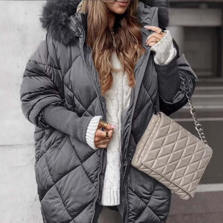 Camel quilted winter parka with a removable faux fur trimmed hood and full length zip