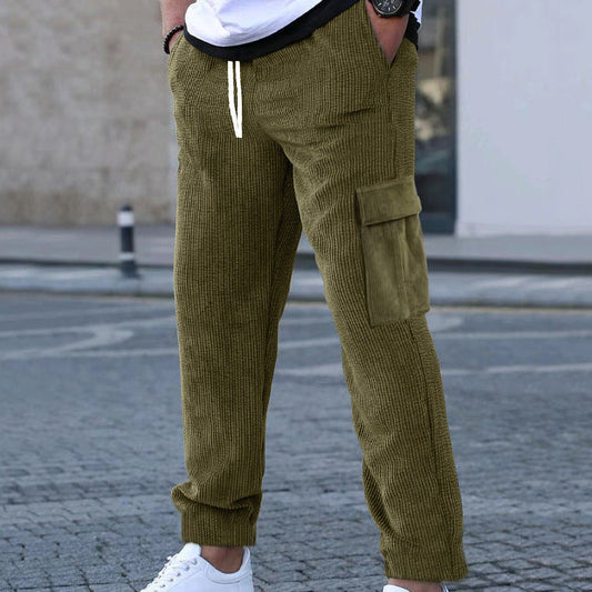Men's relaxed corduroy joggers in brick red with patch flap pockets and a straight leg