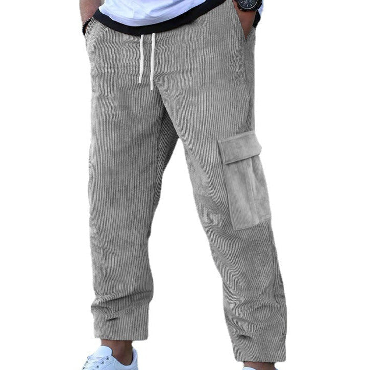 Men's relaxed corduroy joggers in brick red with patch flap pockets and a straight leg