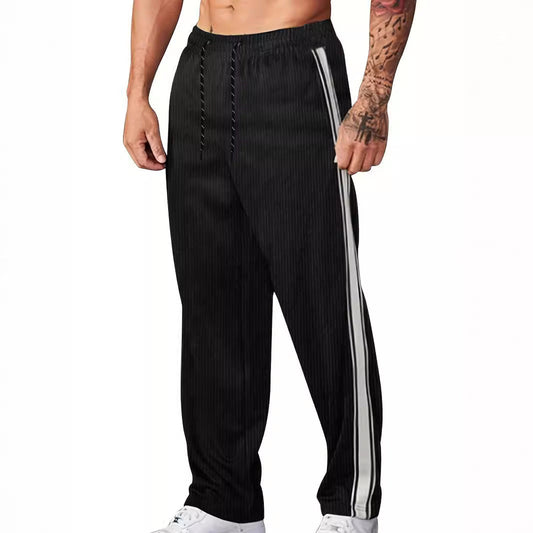 Men's navy ribbed knit wide leg joggers with side piping and drawstring waist