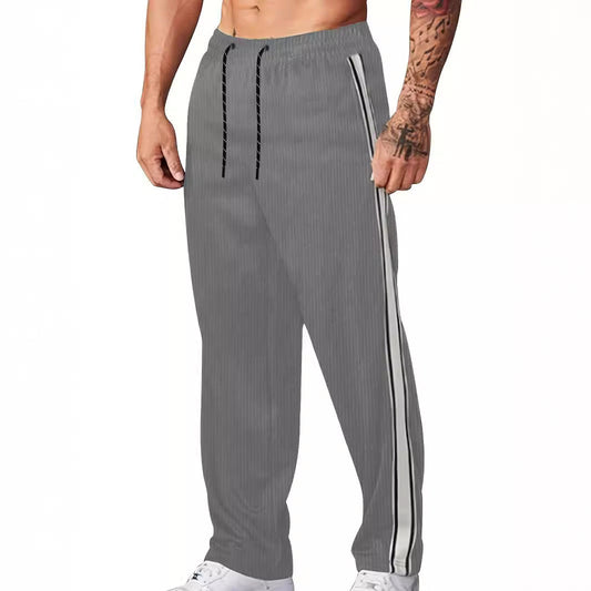 Men's navy ribbed knit wide leg joggers with side piping and drawstring waist