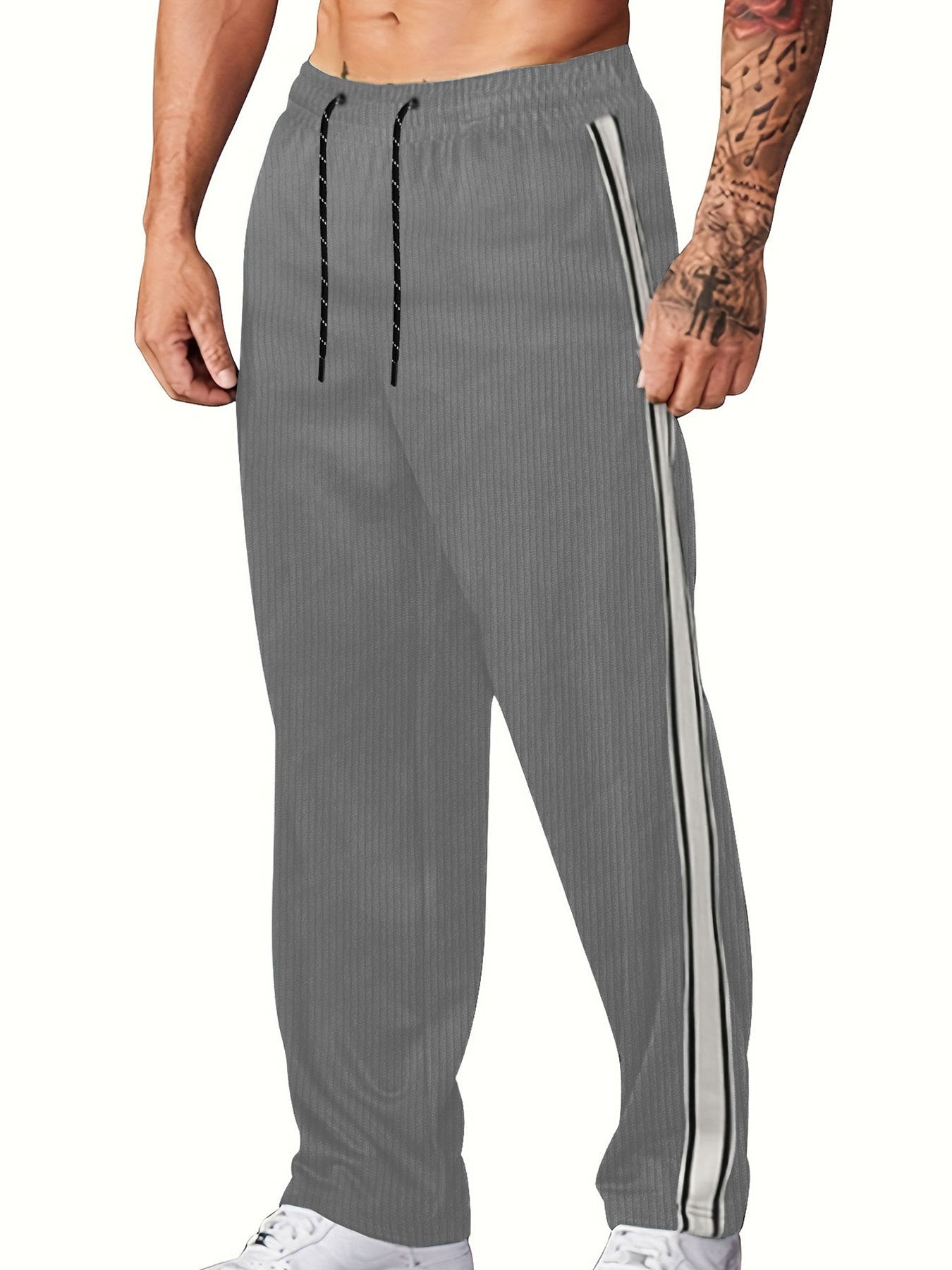 Men's navy ribbed knit wide leg joggers with side piping and drawstring waist