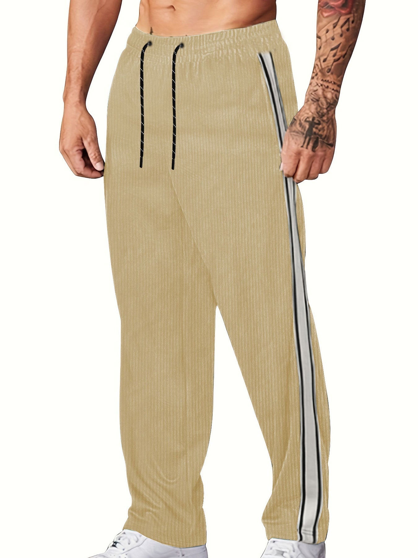 Men's navy ribbed knit wide leg joggers with side piping and drawstring waist