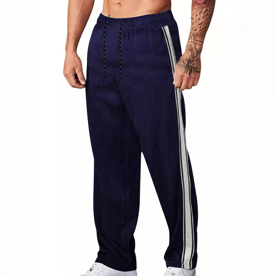 Men's navy ribbed knit wide leg joggers with side piping and drawstring waist