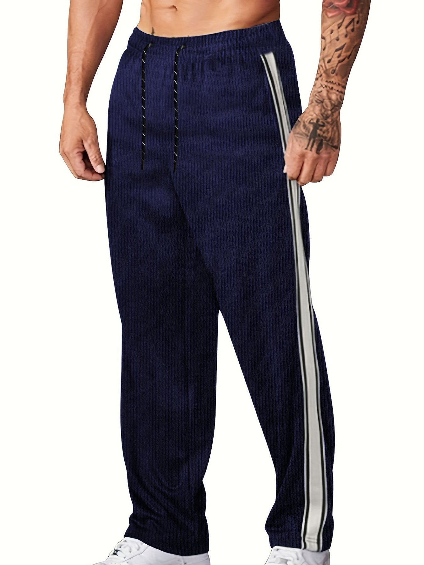 Men's navy ribbed knit wide leg joggers with side piping and drawstring waist