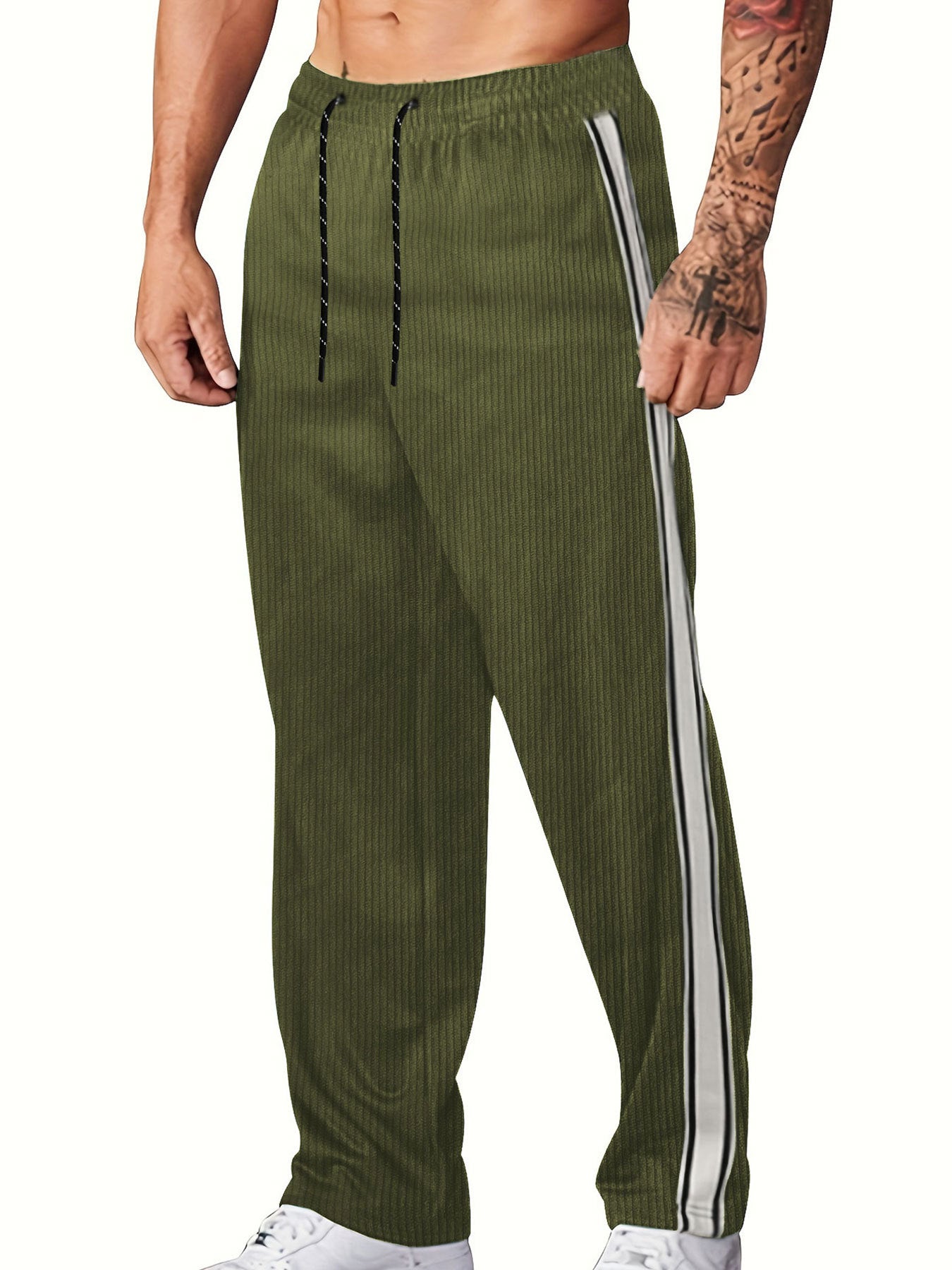 Men's navy ribbed knit wide leg joggers with side piping and drawstring waist
