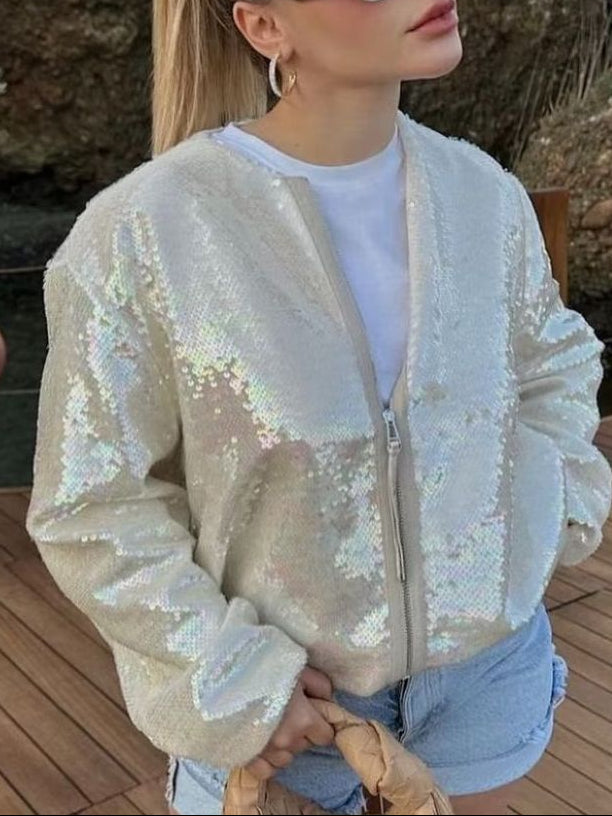 Cream sequin bomber jacket with long sleeves, round neckline and full length zip