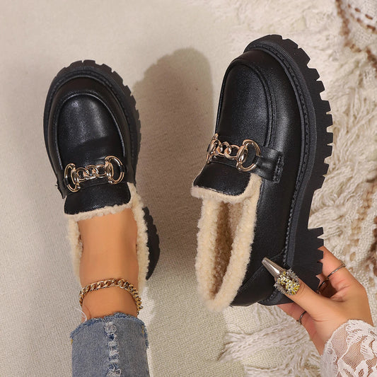 Black leather sherpa lined loafers with chunky lug sole