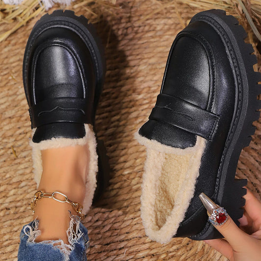 Black leather sherpa lined loafers with chunky lug sole