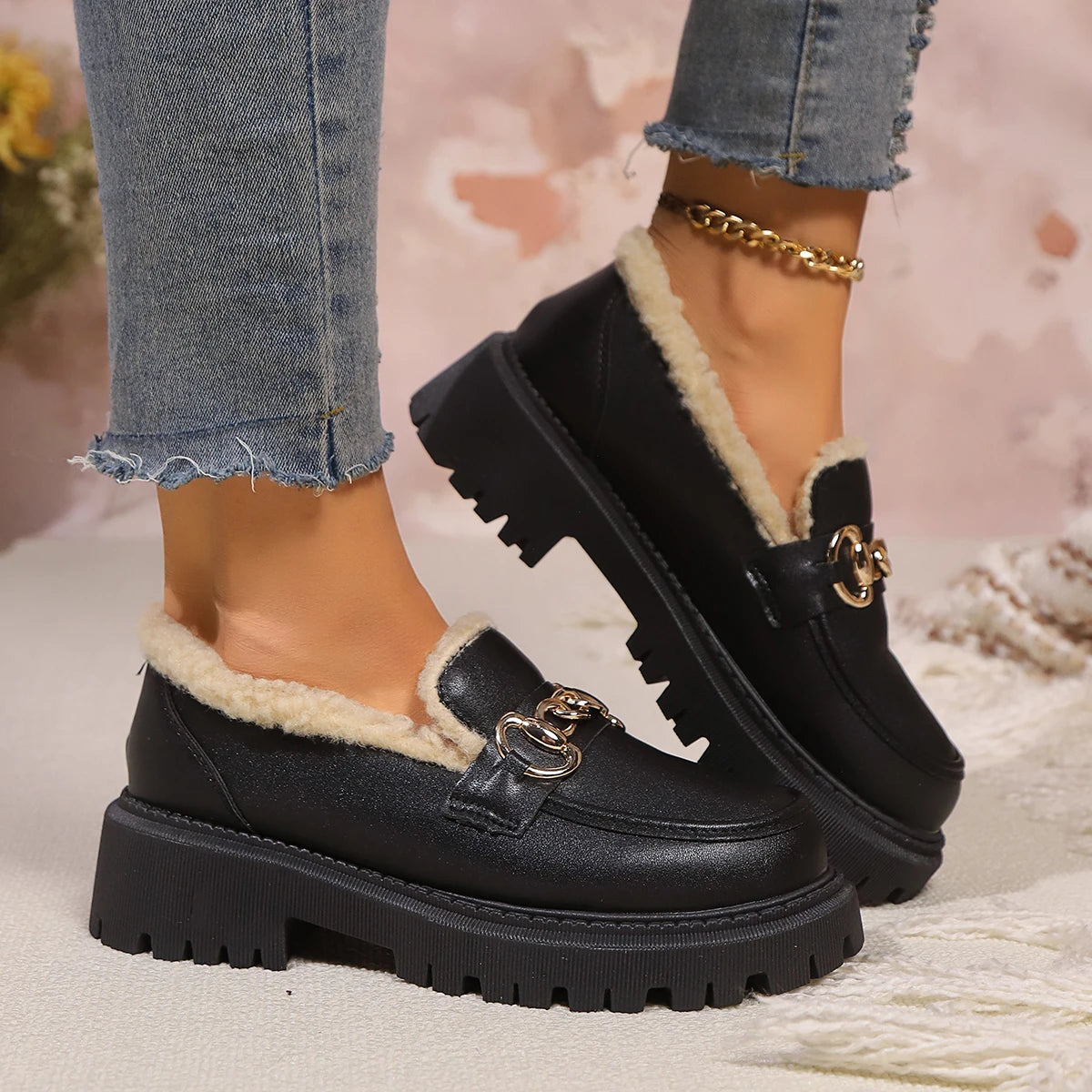 Black leather sherpa lined loafers with chunky lug sole