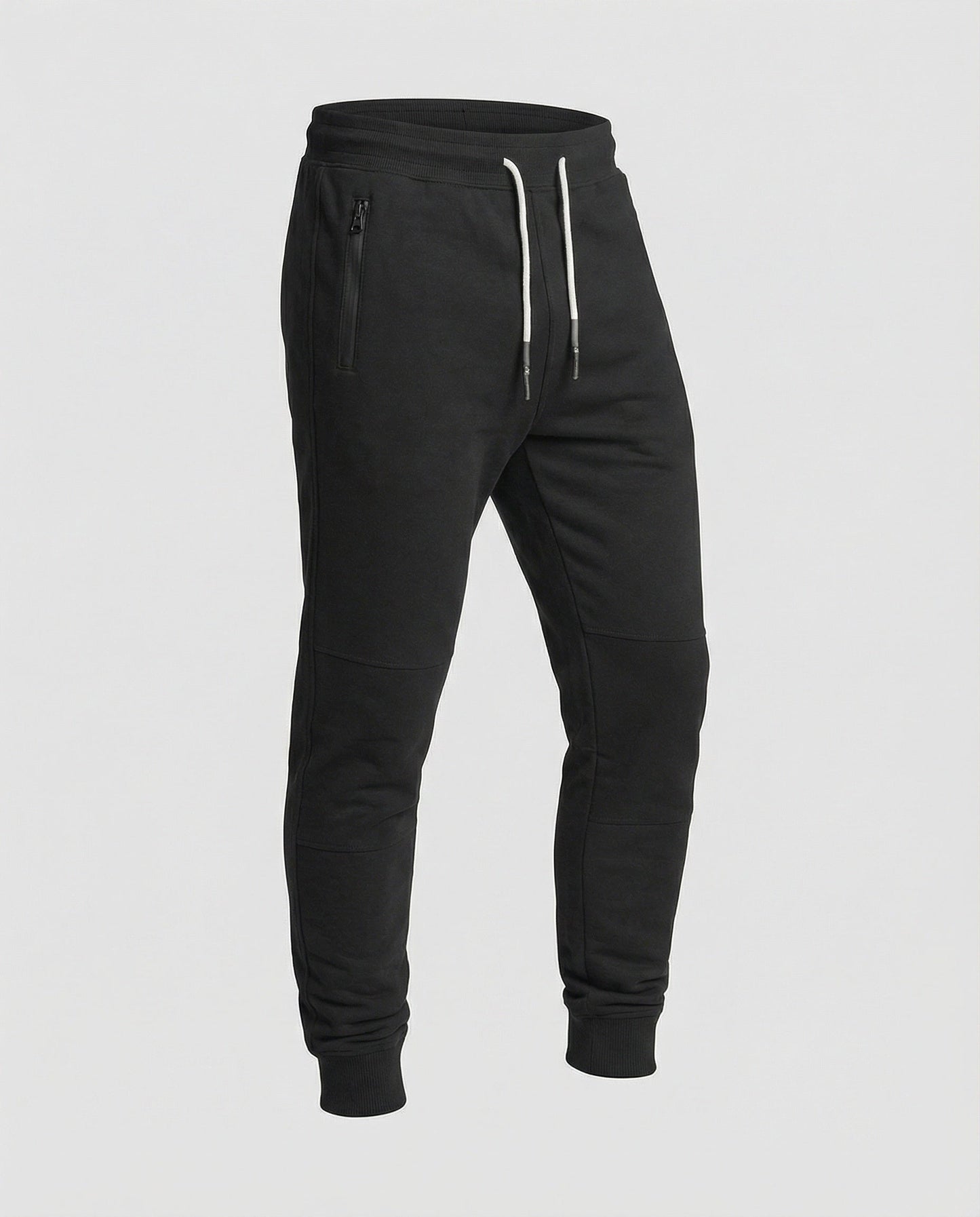 Men's black sporty joggers with functional side pockets and drawstring waistband