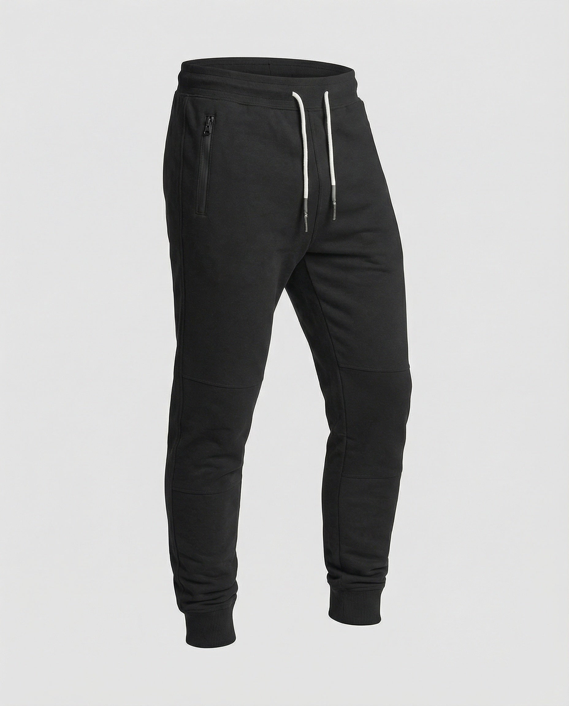 Men's black sporty joggers with functional side pockets and drawstring waistband