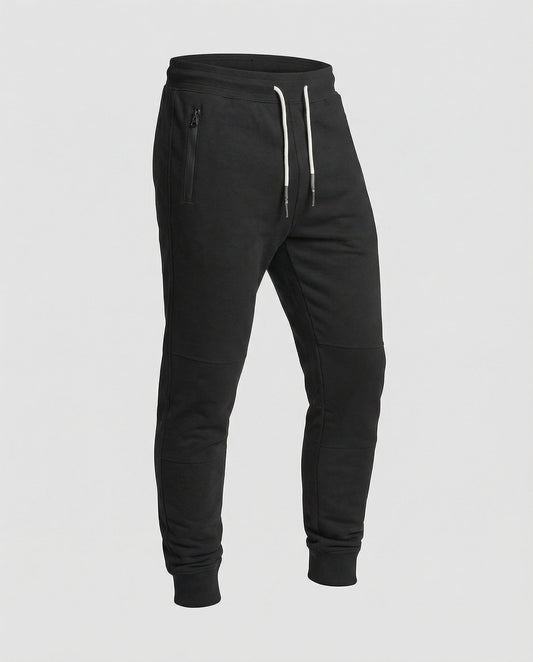 Men's black sporty joggers with functional side pockets and drawstring waistband