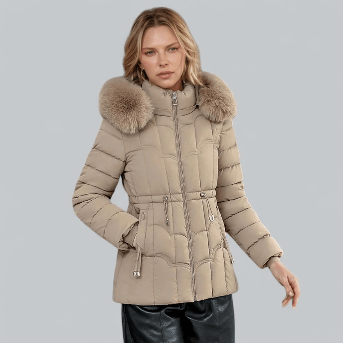 Pink tailored quilted parka with a faux fur hood and mid length cut