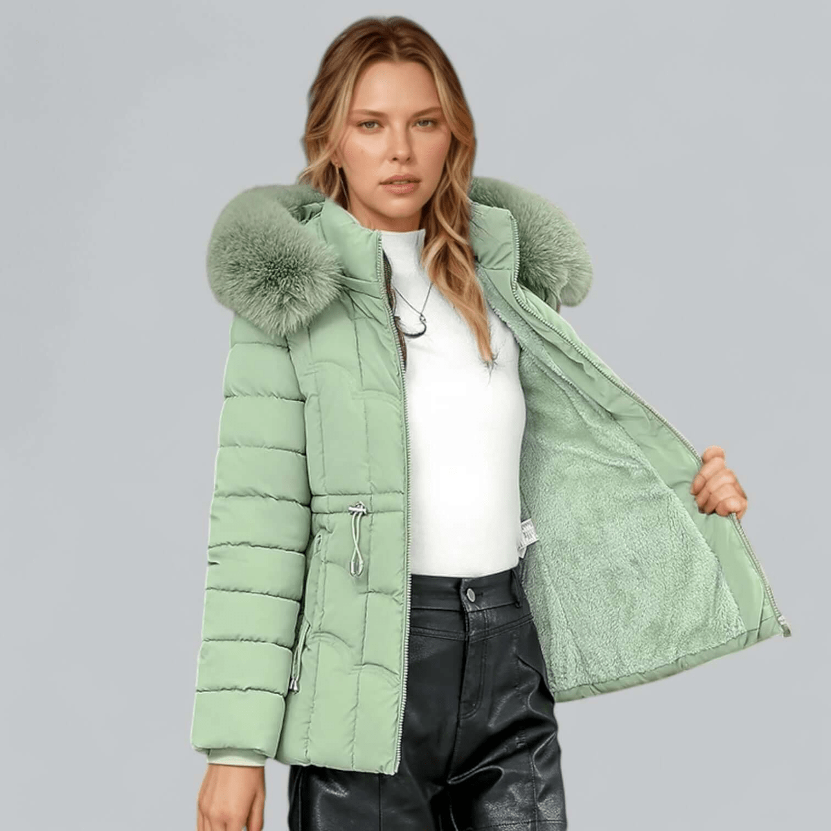 Pink tailored quilted parka with a faux fur hood and mid length cut