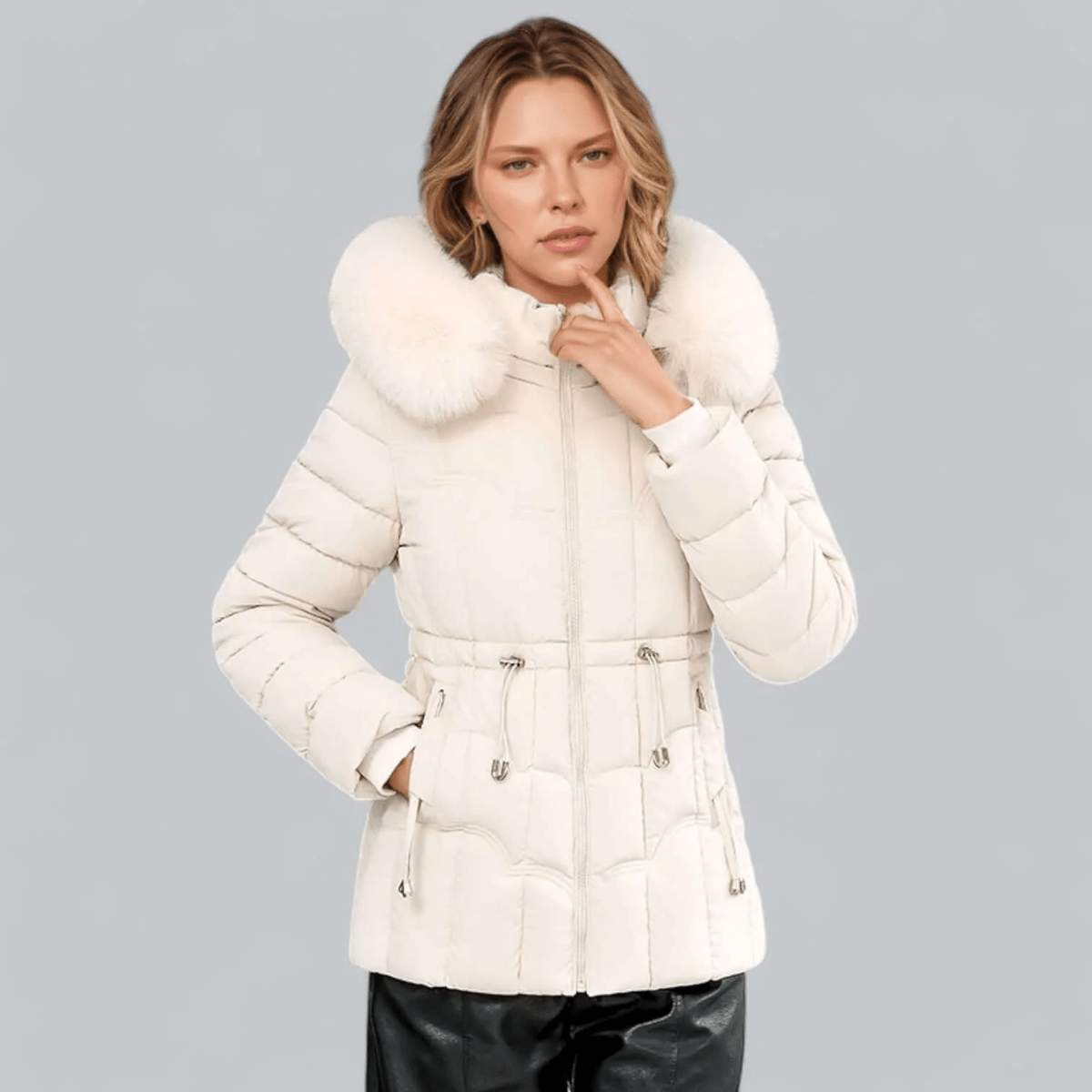 Pink tailored quilted parka with a faux fur hood and mid length cut