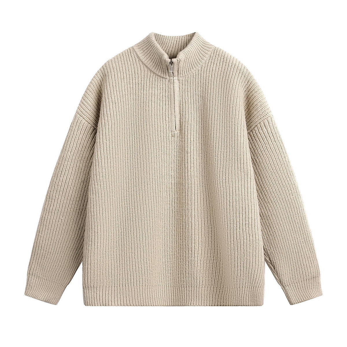 Unisex Half Zip Chunky Knit Sweater in Beige