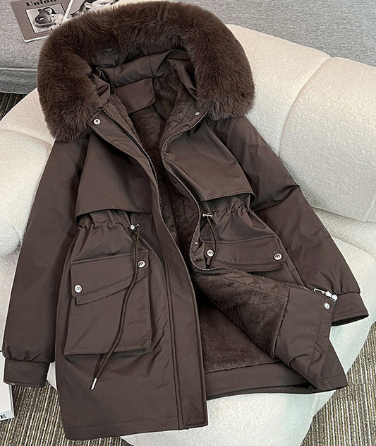 Black water repellent winter parka with an adjustable faux fur trimmed hood and large side pockets