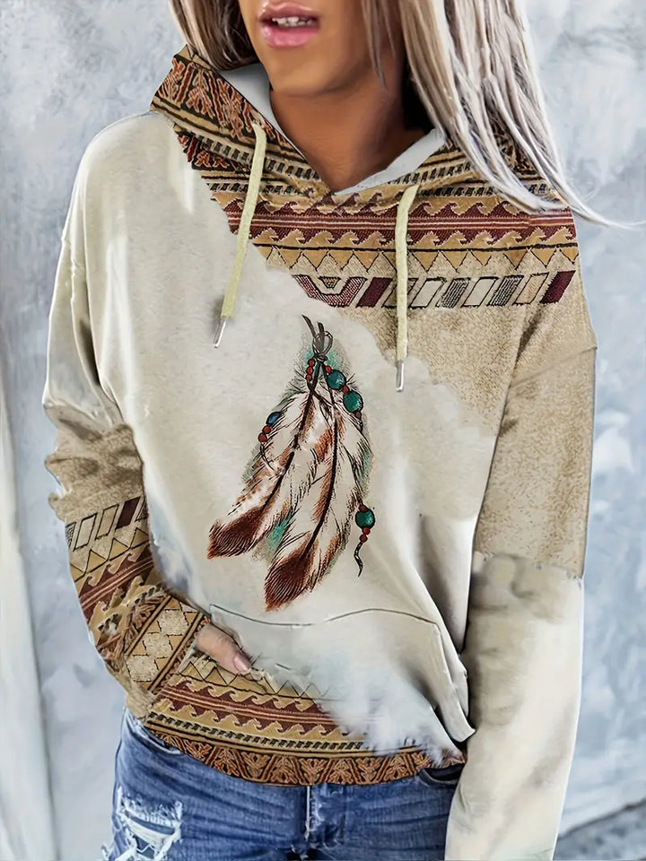 Women's Aztec Print Hoodie in Beige