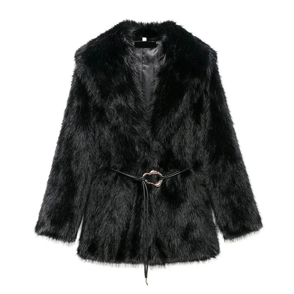 Women's Belted Faux Fur Coat in Black