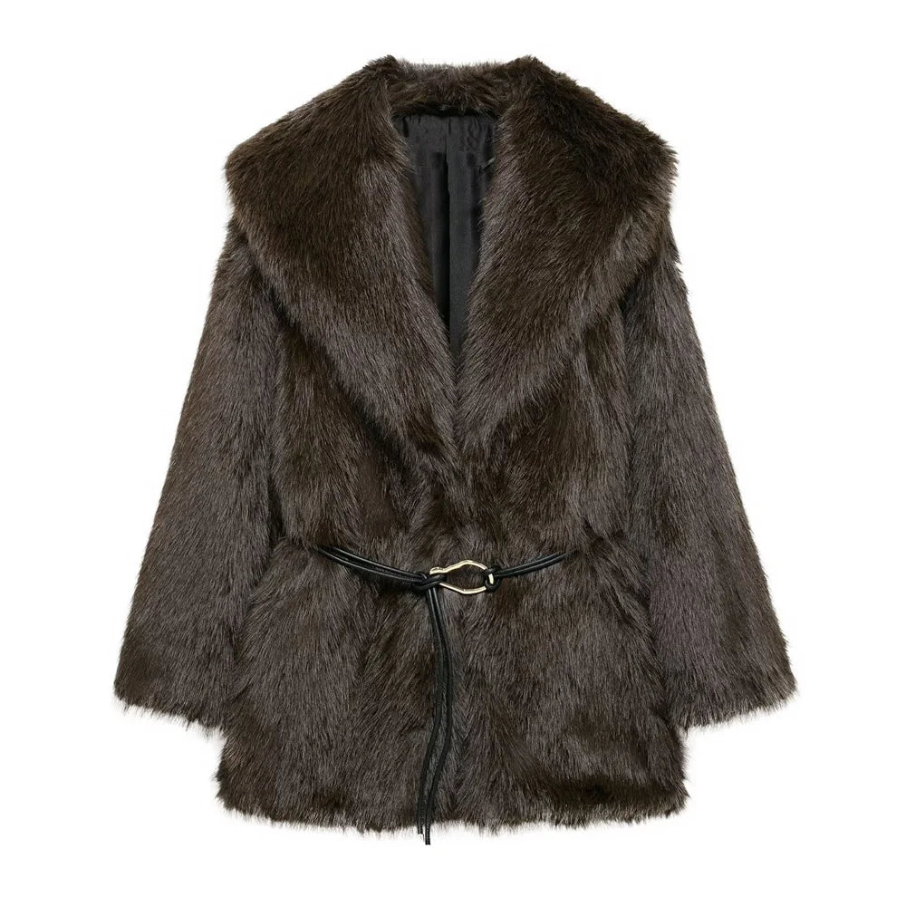 Women's Belted Faux Fur Coat in Dark Brown