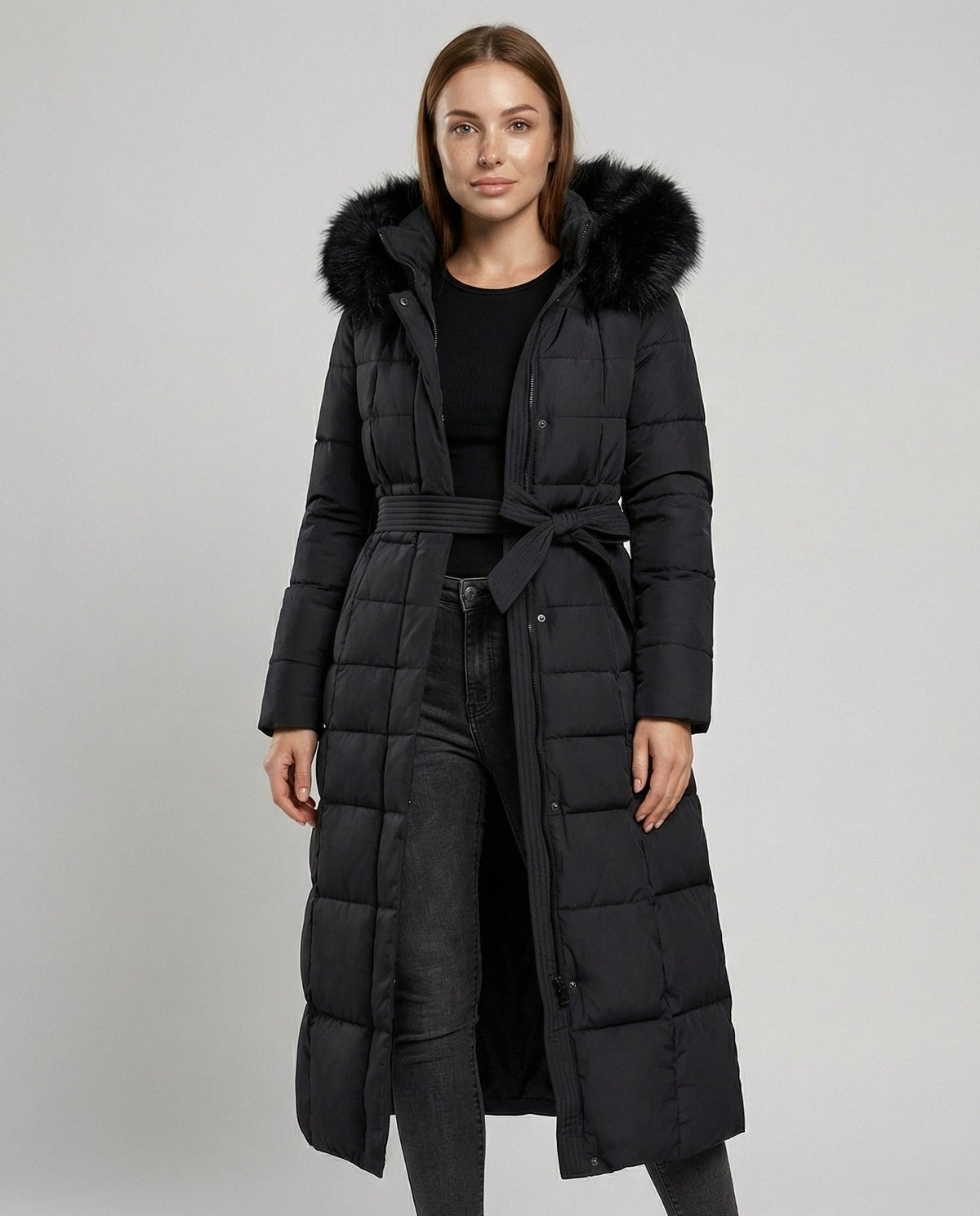Women's Belted Padded Coat in Black