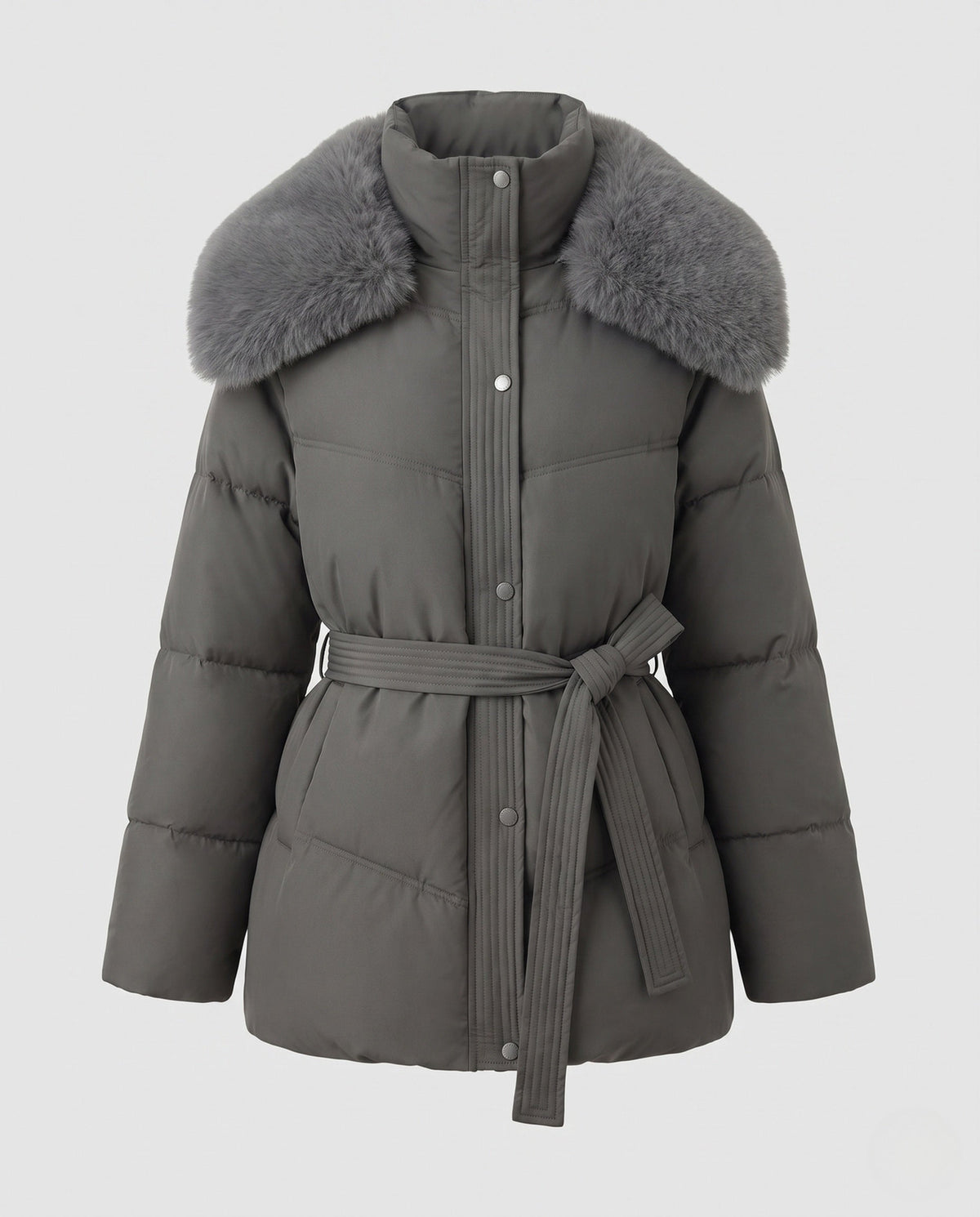 Women's Belted Puffer Winter Jacket in Dark Grey