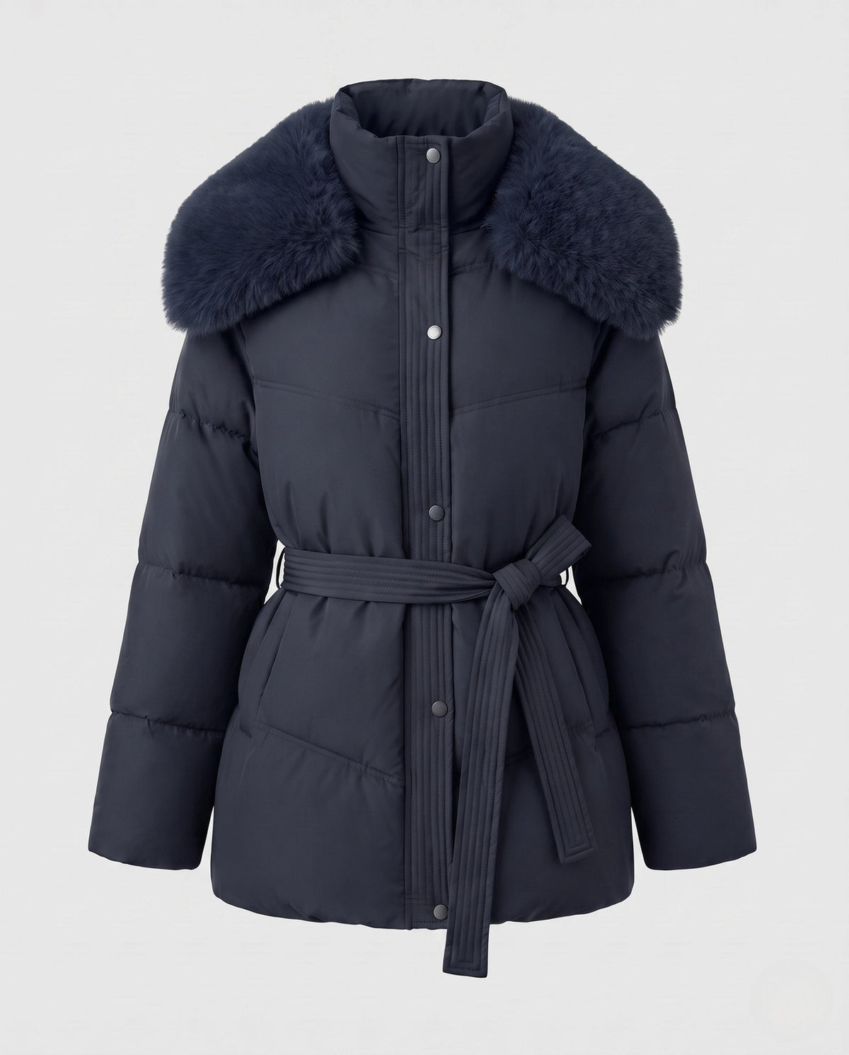 Women's Belted Puffer Winter Jacket in Navy