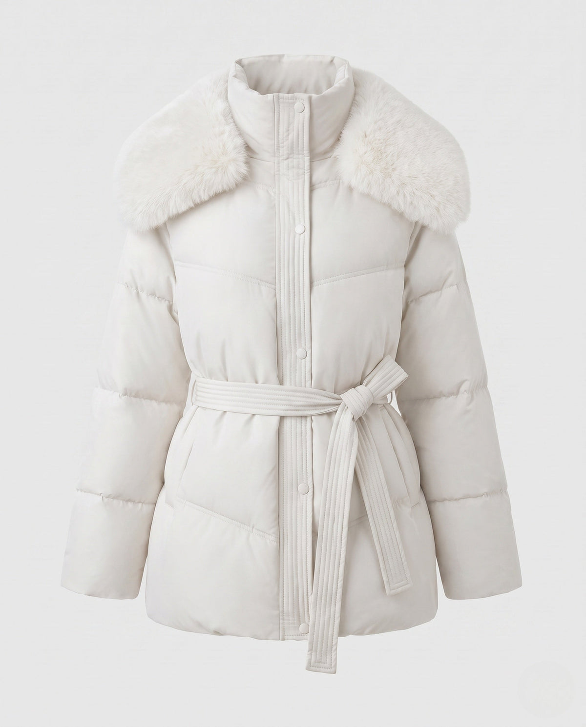 Women's Belted Puffer Winter Jacket in Off White