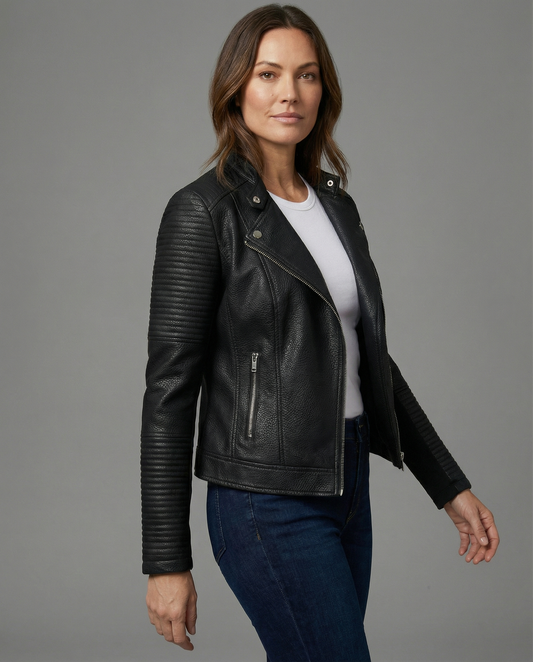 Women's Biker Faux Leather Jacket in Black