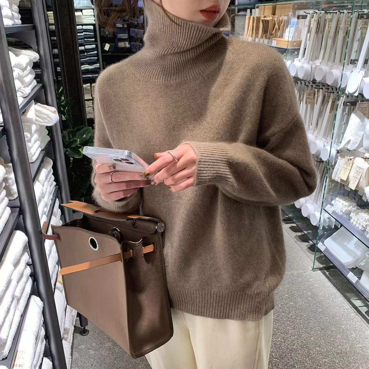 Women's Brushed Roll Neck Sweater in Coffee