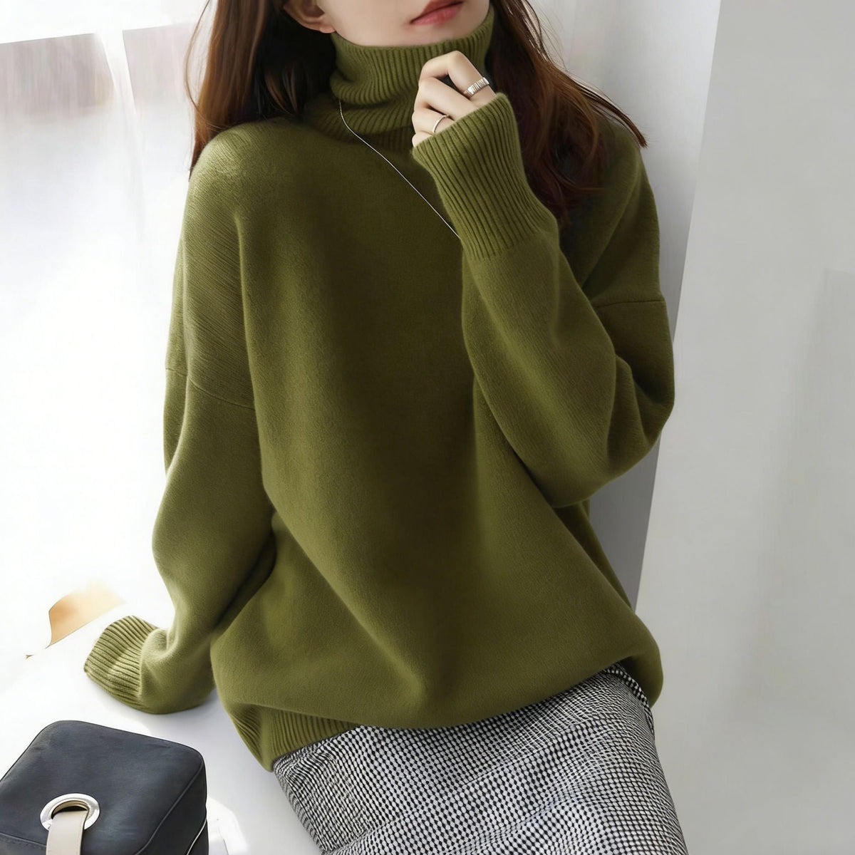 Women's Brushed Roll Neck Sweater in Olive Green