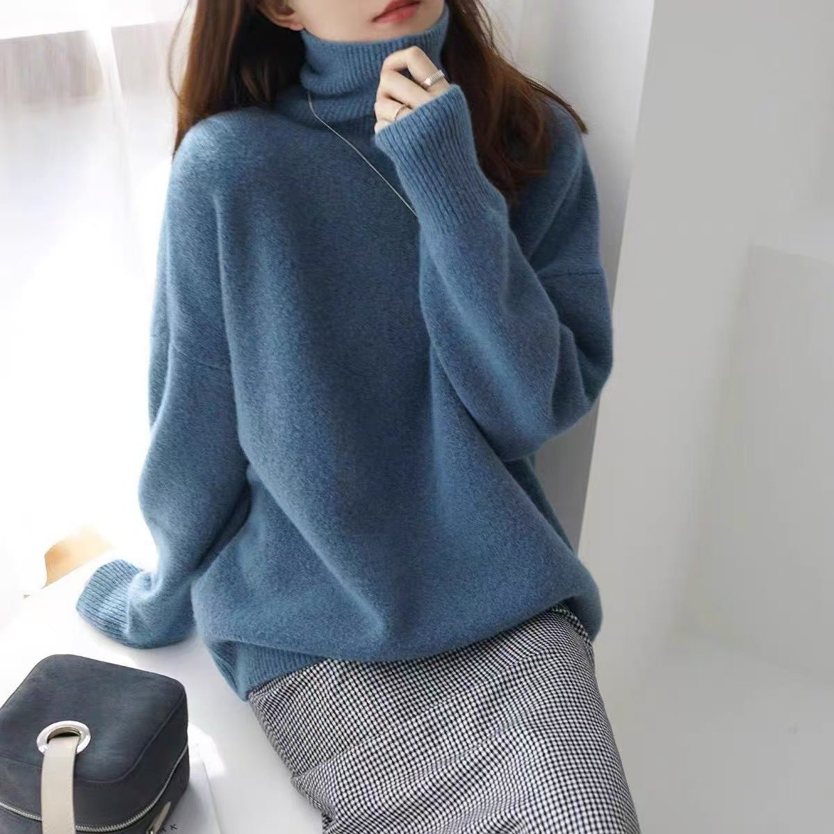 Women's Brushed Roll Neck Sweater in Steel Blue