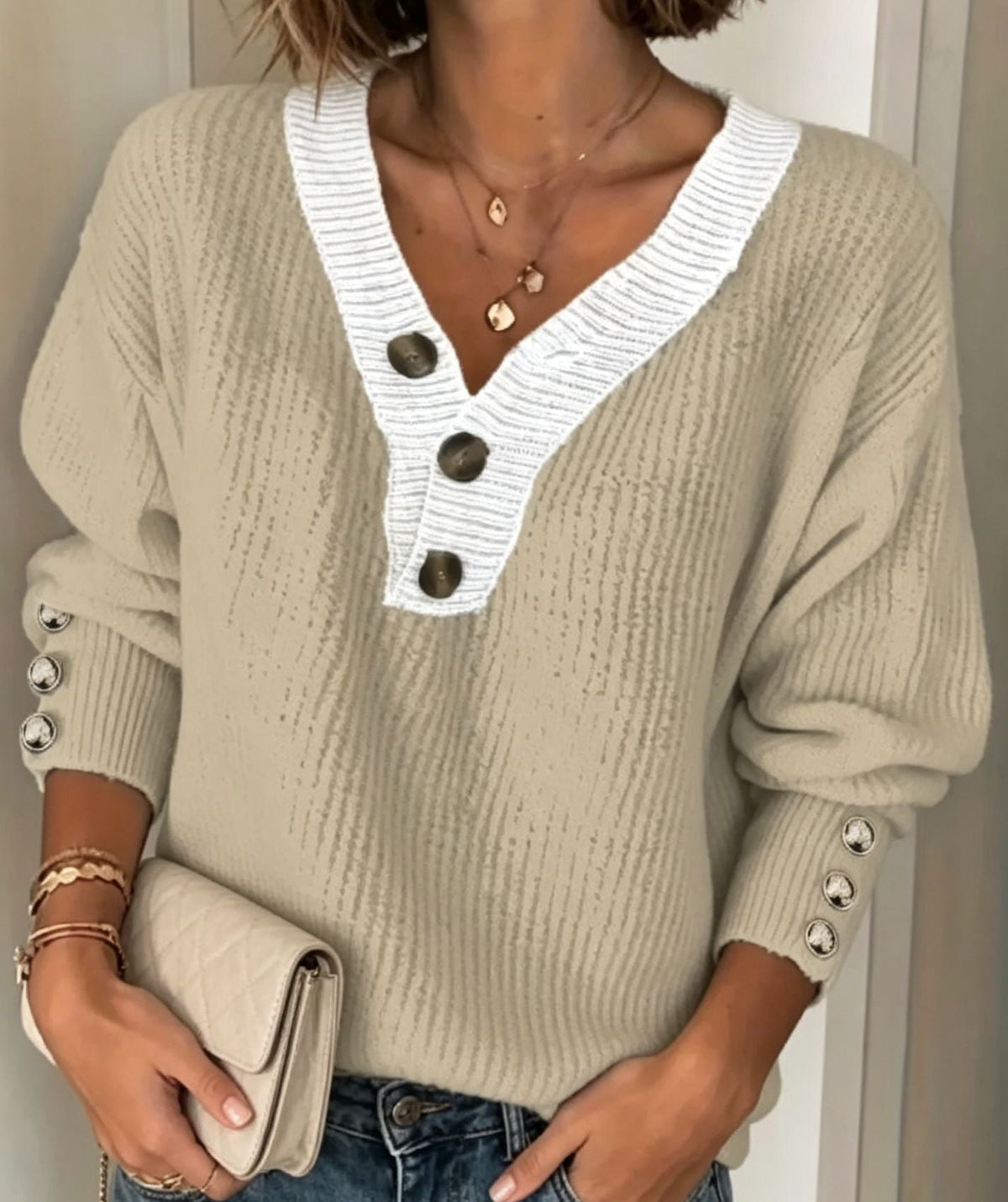 Women's Button Placket Knit Sweater in Beige