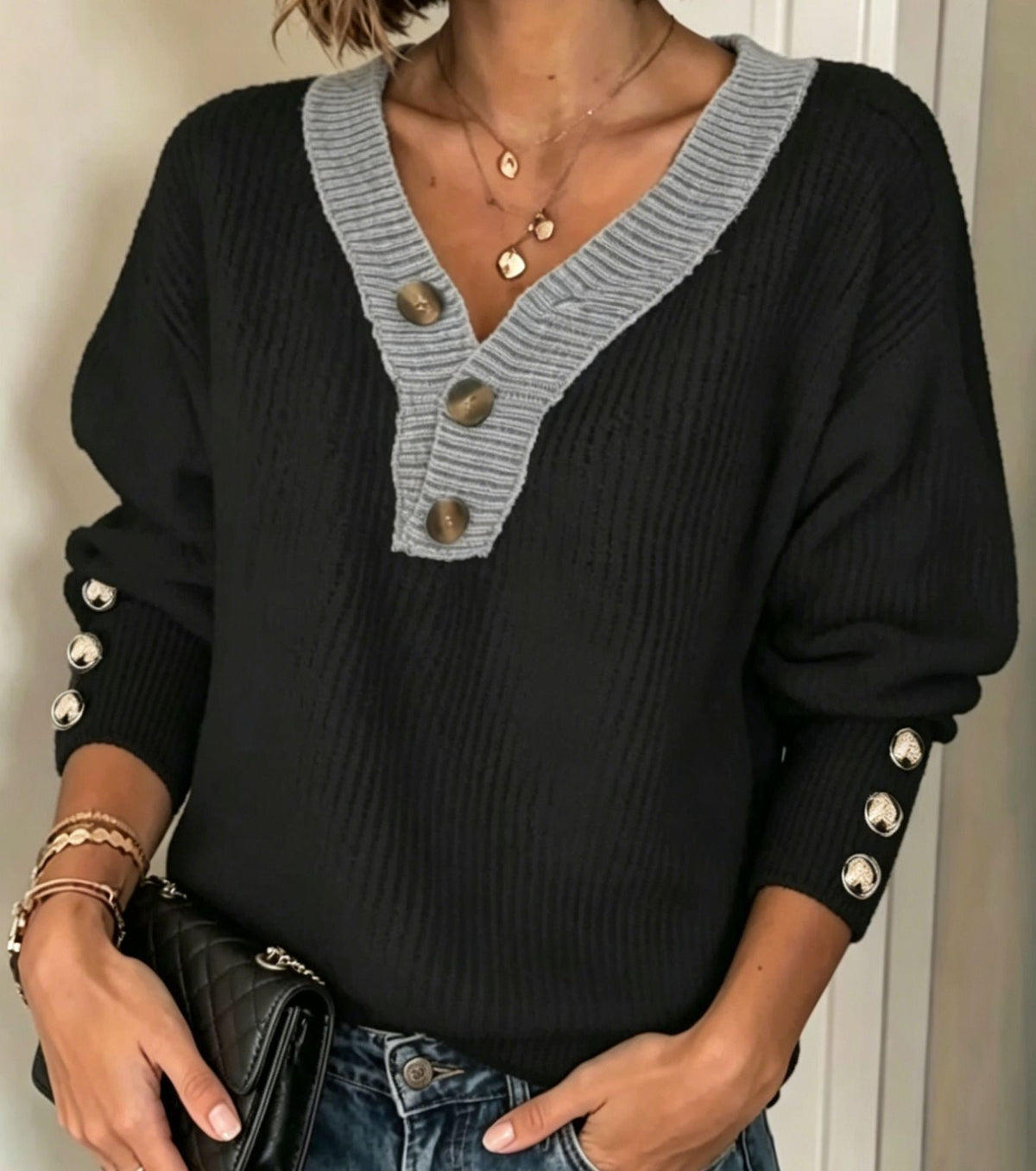 Women's Button Placket Knit Sweater in Black