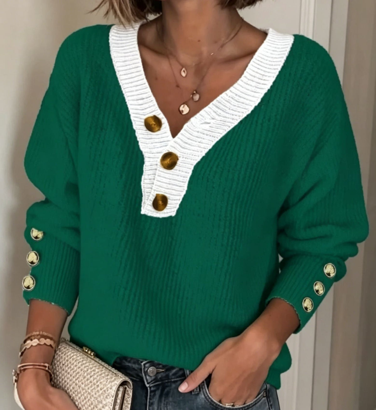 Women's Button Placket Knit Sweater in Emerald Green