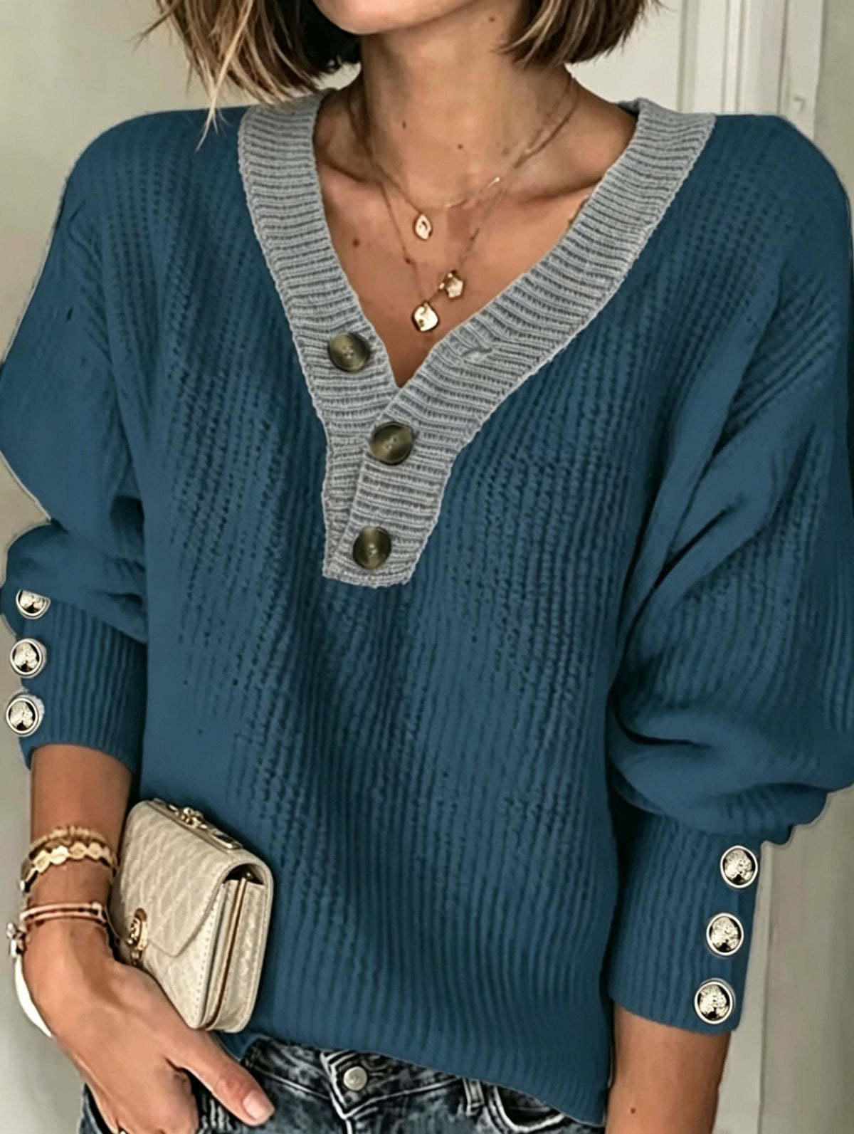 Women's Button Placket Knit Sweater in Petrol Blue