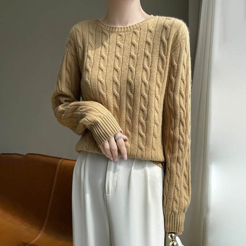 Women's Cable Knit Crew Neck Sweater in Camel