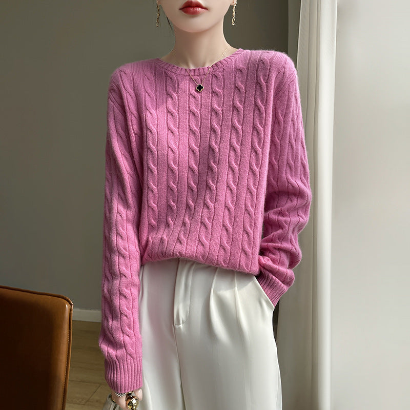 Women's Cable Knit Crew Neck Sweater in Fuchsia