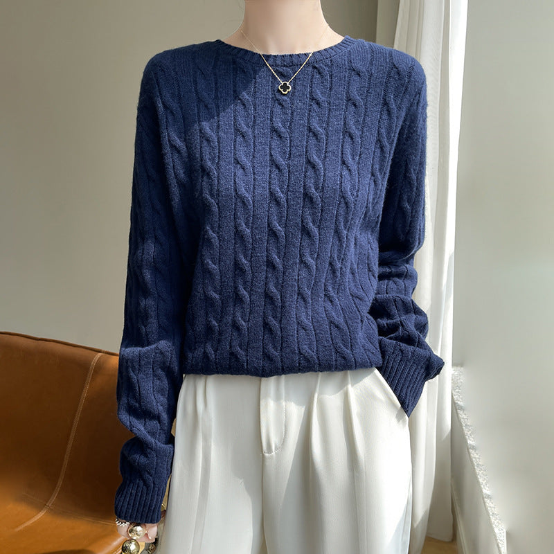 Women's Cable Knit Crew Neck Sweater in Navy
