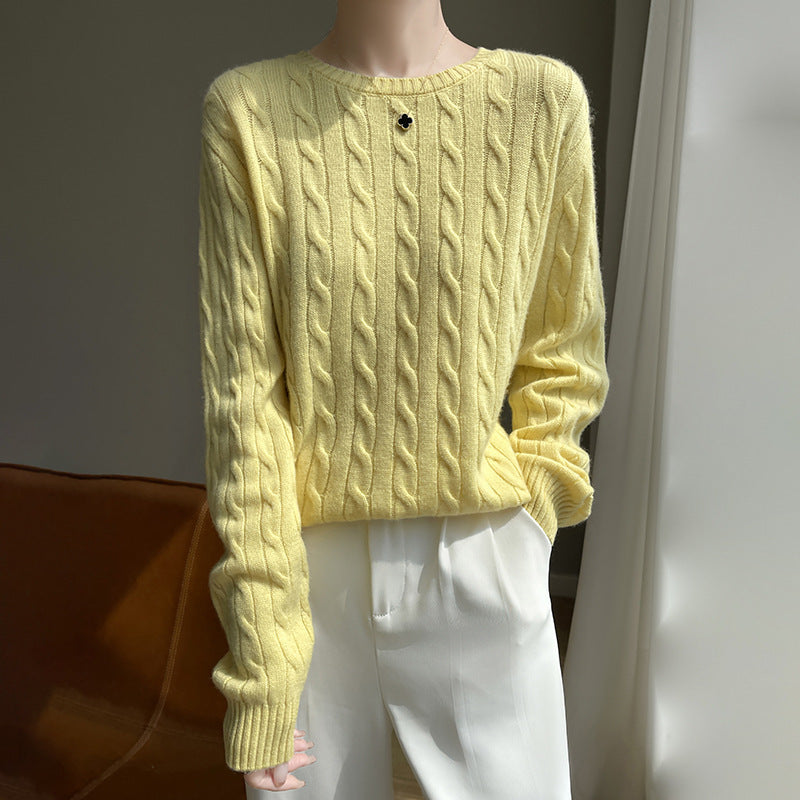 Women's Cable Knit Crew Neck Sweater in Pale Yellow