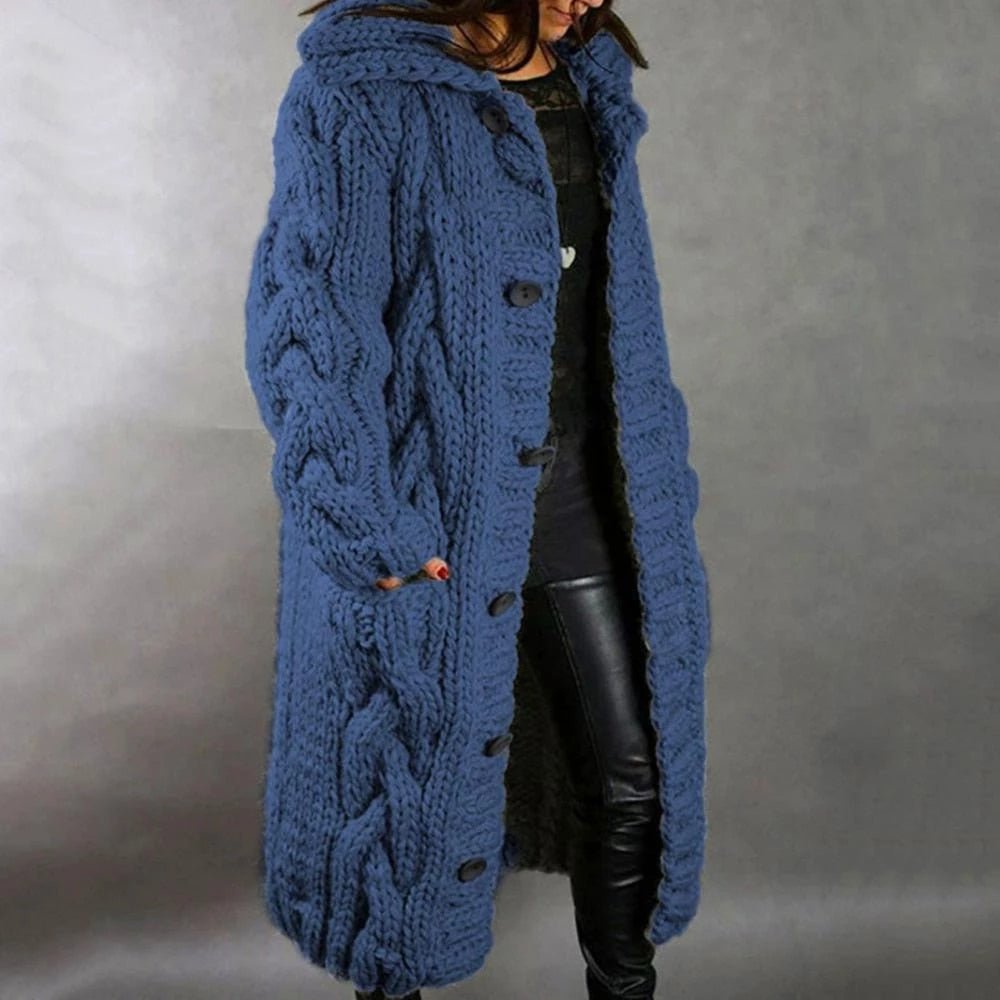 Women's Cable Knit Hooded Coat in Blue