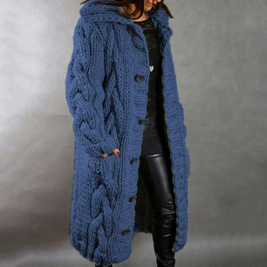 Women's Cable Knit Hooded Coat in Blue