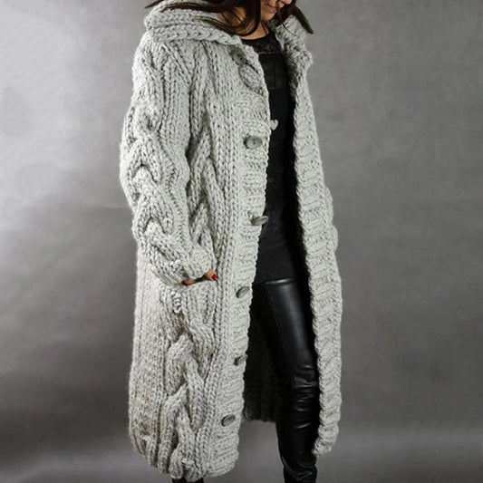 Women's Cable Knit Hooded Coat in Light Grey