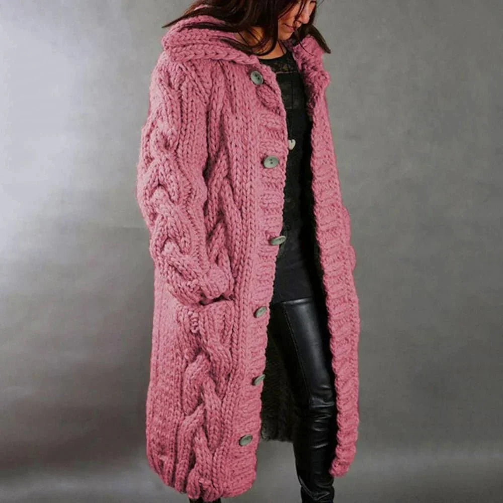 Women's Cable Knit Hooded Coat in Pink