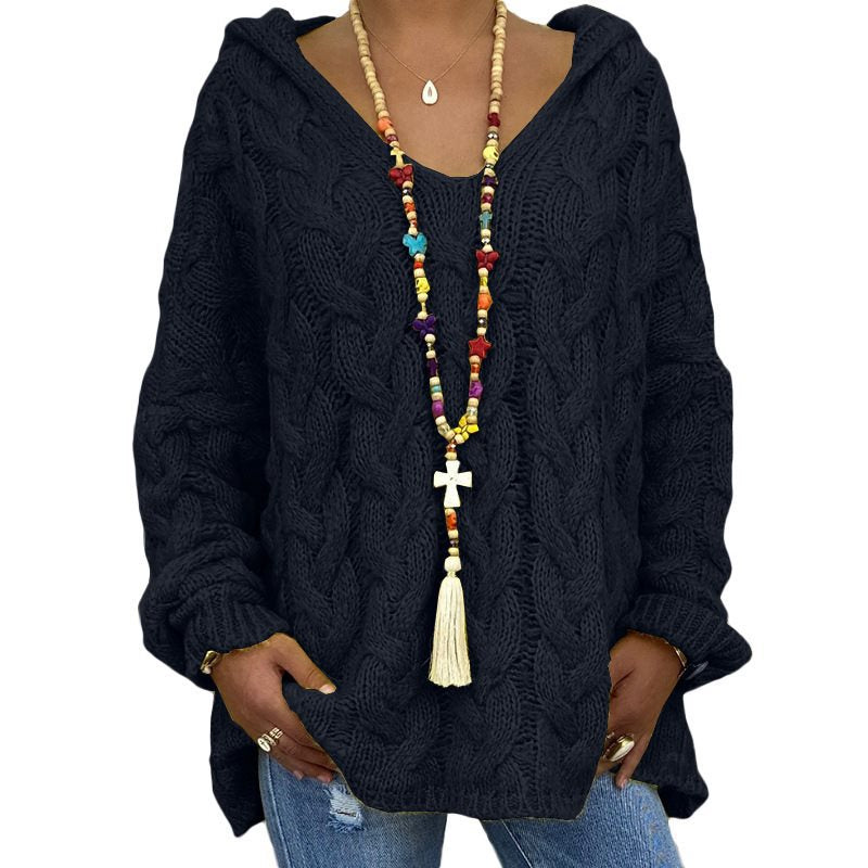 Women's Cable Knit Hooded Sweater in Black