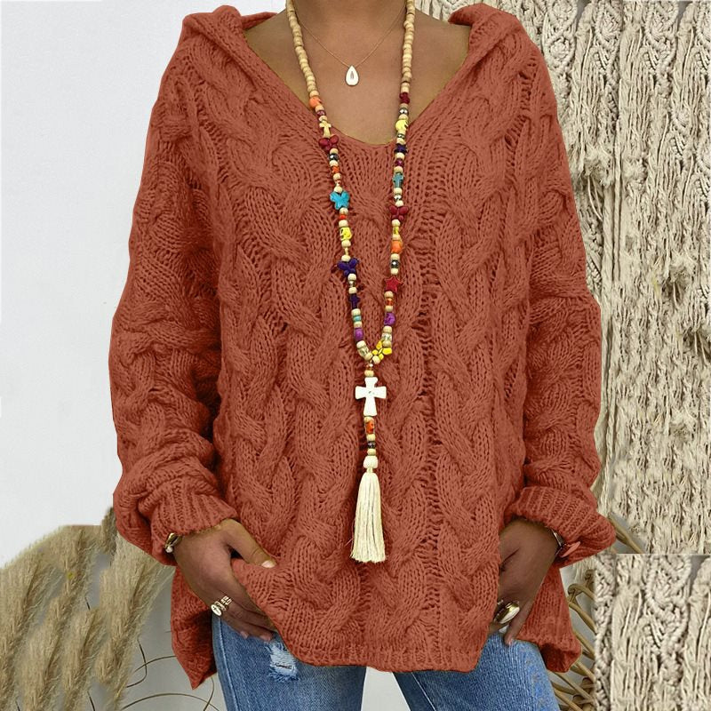 Women's Cable Knit Hooded Sweater in Brick Red