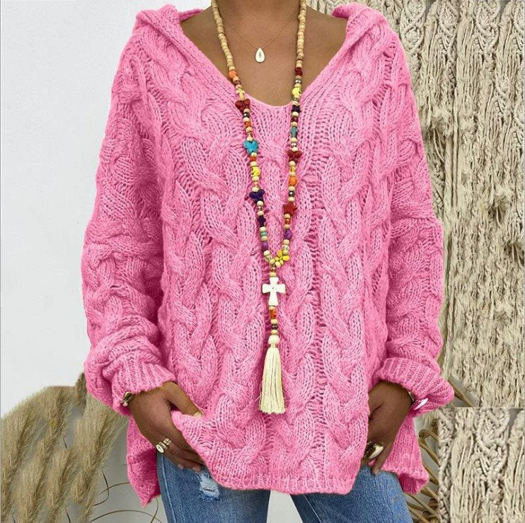 Women's Cable Knit Hooded Sweater in Bright Pink